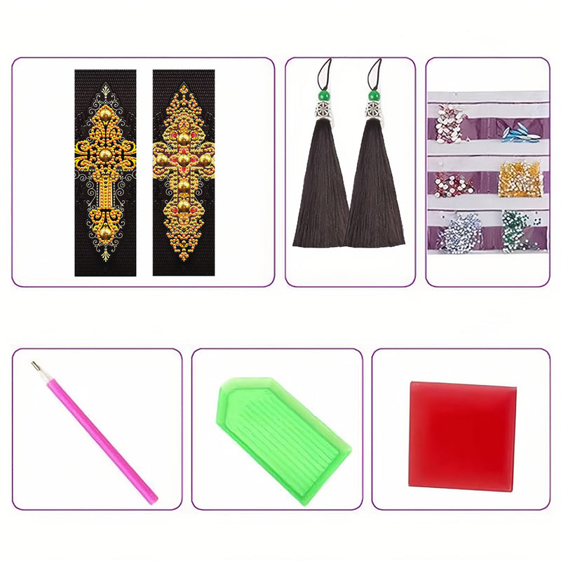 2Pcs Gold Cross Leather Bookmark Diamond Painting Kits