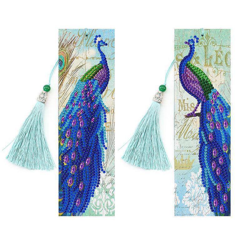 2Pcs Gorgeous Blue Peacock Leather Bookmark Diamond Painting Kits