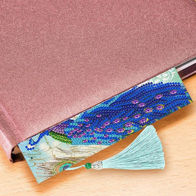 2Pcs Gorgeous Blue Peacock Leather Bookmark Diamond Painting Kits