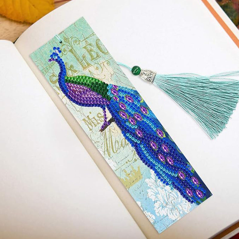 2Pcs Gorgeous Blue Peacock Leather Bookmark Diamond Painting Kits