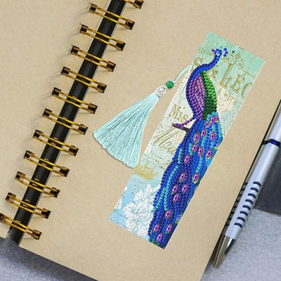 2Pcs Gorgeous Blue Peacock Leather Bookmark Diamond Painting Kits