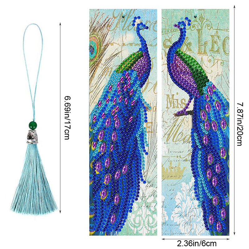 2Pcs Gorgeous Blue Peacock Leather Bookmark Diamond Painting Kits