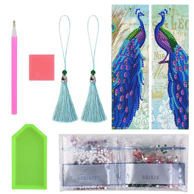 2Pcs Gorgeous Blue Peacock Leather Bookmark Diamond Painting Kits