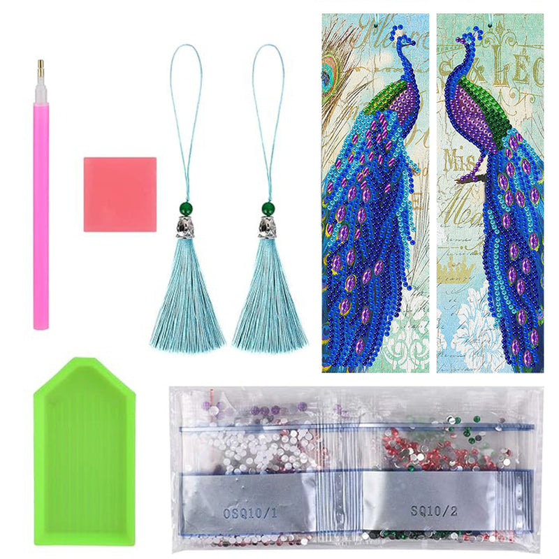 2Pcs Gorgeous Blue Peacock Leather Bookmark Diamond Painting Kits