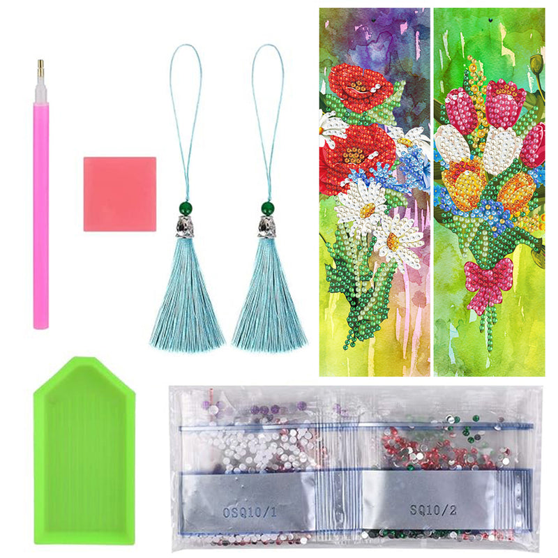 2Pcs Tulip Poppy and Daisy Leather Bookmark Diamond Painting Kits