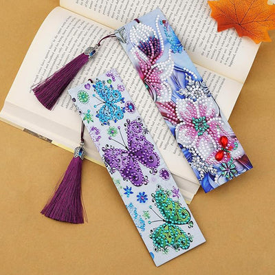 2Pcs Butterfly and Orchid Flower Leather Bookmark Diamond Painting Kits