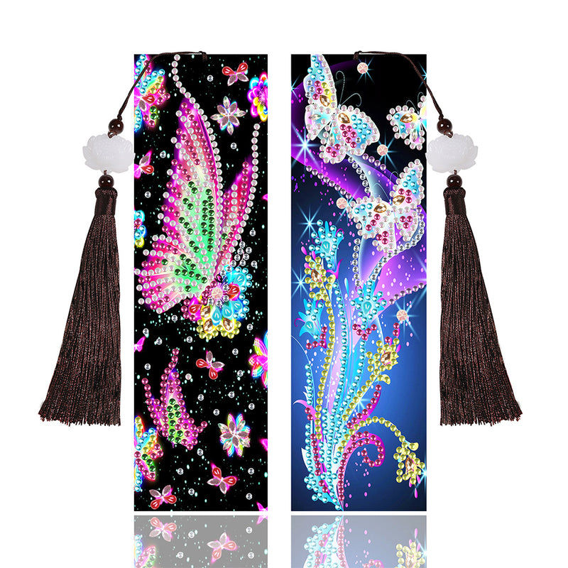 2Pcs Butterfly and Flowers Leather Bookmark Diamond Painting Kits