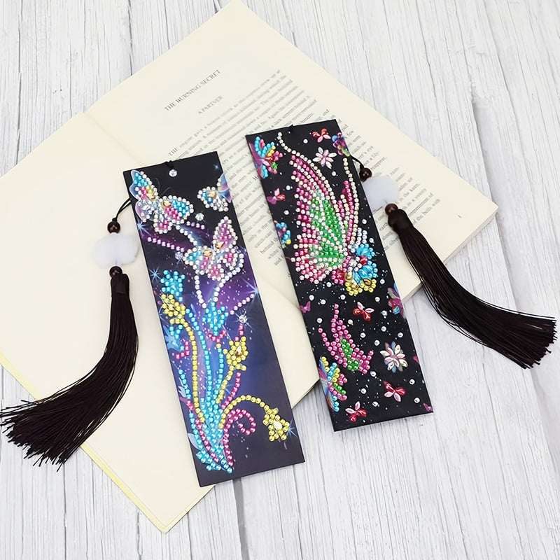 2Pcs Butterfly and Flowers Leather Bookmark Diamond Painting Kits