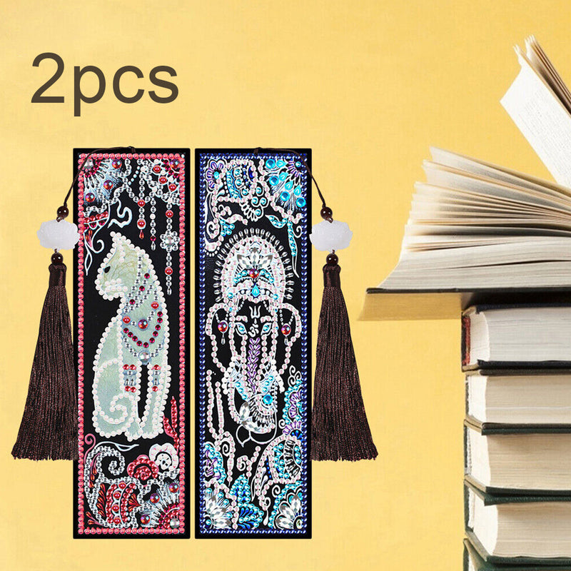 2Pcs Cat and Elephant Leather Bookmark Diamond Painting Kits