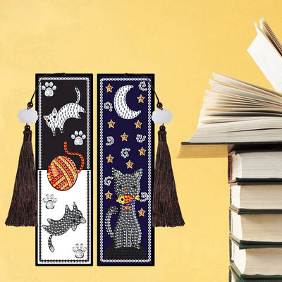 2Pcs Cats at Night Leather Bookmark Diamond Painting Kits