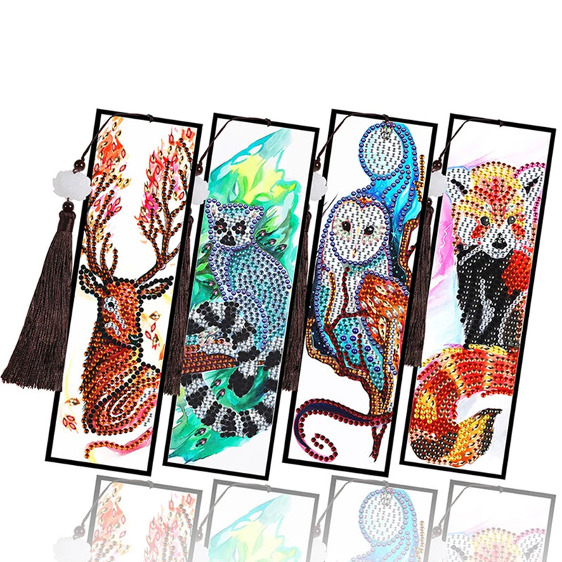 2/4Pcs Deer, Red Panda, Owl and Ring-Tailed Lemur Leather Bookmark Diamond Painting Kits