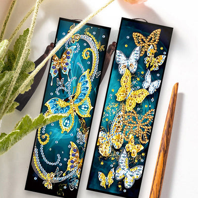 2Pcs Blue and Golden Butterfly Leather Bookmark Diamond Painting Kits