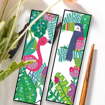 2Pcs Cartoon Flamingo and Toucan Leather Bookmark Diamond Painting Kits