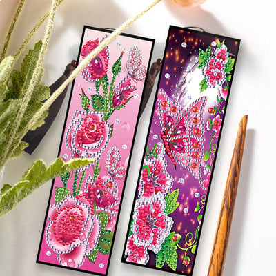 2Pcs Pink Rose and Butterfly Leather Bookmark Diamond Painting Kits