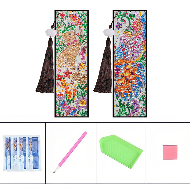 2Pcs Cartoon Cat and Butterfly Leather Bookmark Diamond Painting Kits