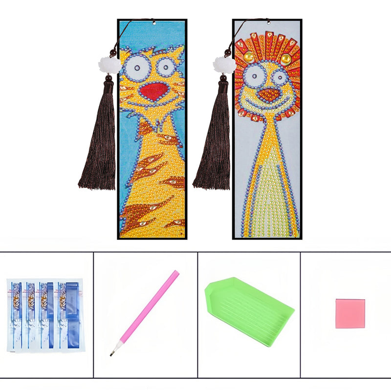 2Pcs Cartoon Tiger and Lion Leather Bookmark Diamond Painting Kits