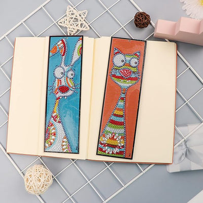 2Pcs Cartoon Cat and Rabbit Leather Bookmark Diamond Painting Kits