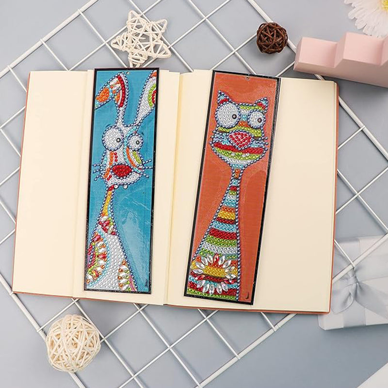 2Pcs Cartoon Cat and Rabbit Leather Bookmark Diamond Painting Kits