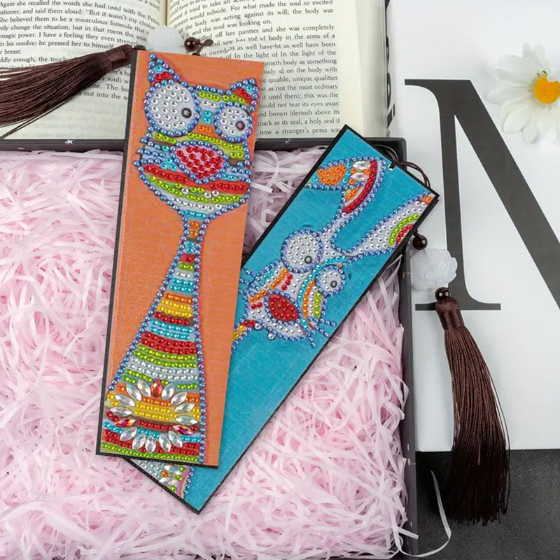 2Pcs Cartoon Cat and Rabbit Leather Bookmark Diamond Painting Kits