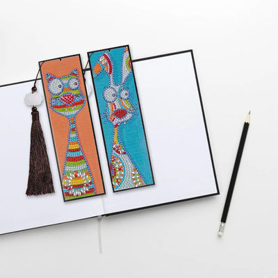 2Pcs Cartoon Cat and Rabbit Leather Bookmark Diamond Painting Kits