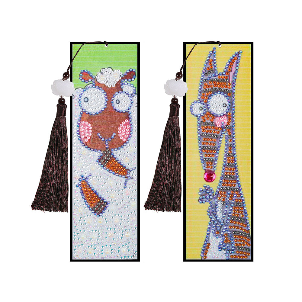 2Pcs Cartoon Sheep and Kangaroo Leather Bookmark Diamond Painting Kits