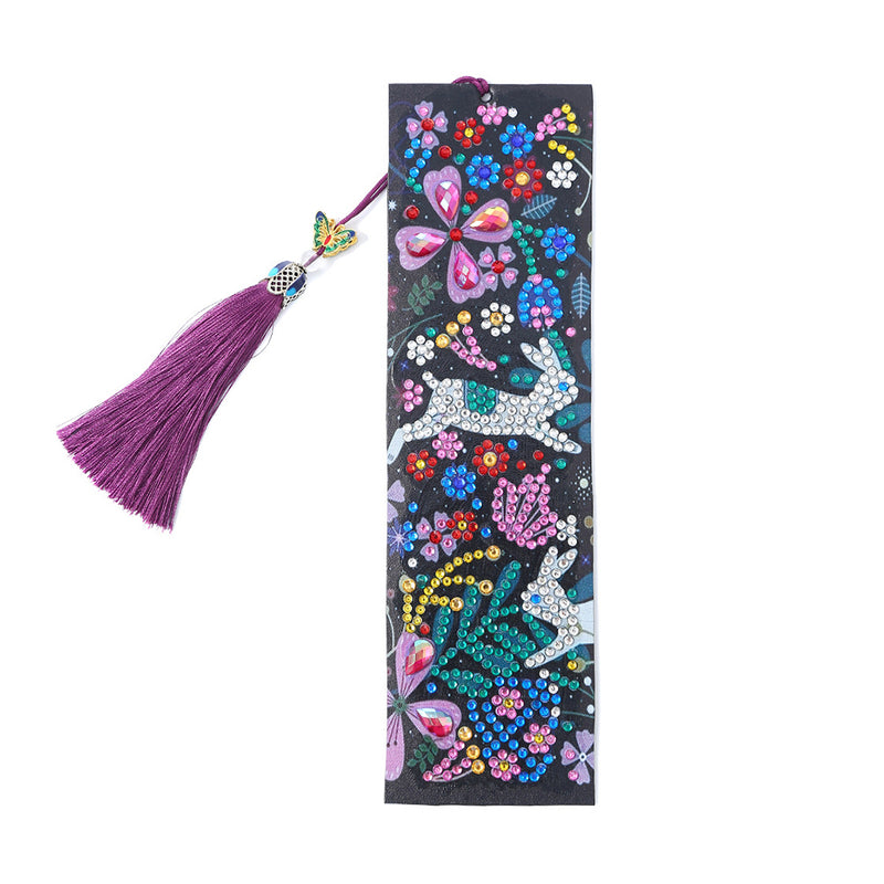 Rabbit and Flowers Leather Bookmark Diamond Painting Kits