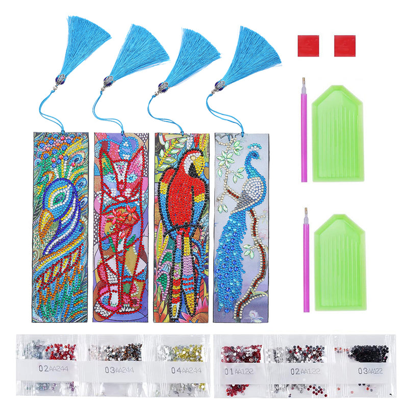 4Pcs Peacock, Parrot and Cat Leather Bookmark Diamond Painting Kits