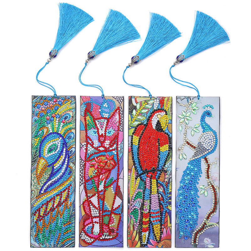 4Pcs Peacock, Parrot and Cat Leather Bookmark Diamond Painting Kits