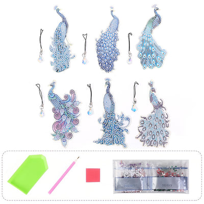 6Pcs Blue Peacock Acrylic Bookmark Diamond Painting Kits