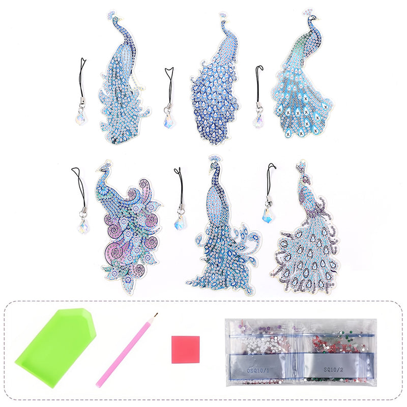 6Pcs Blue Peacock Acrylic Bookmark Diamond Painting Kits