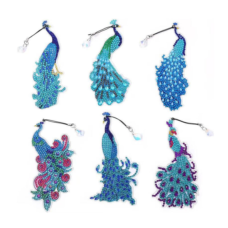 6Pcs Blue Peacock Acrylic Bookmark Diamond Painting Kits