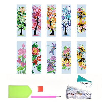 10Pcs Lotus, Trees, Bees And Dragonfly Acrylic Bookmark Diamond Painting Kits