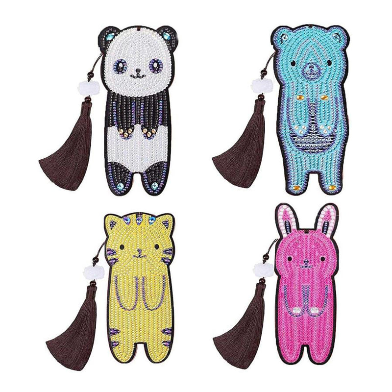 4Pcs Panda, Bear, Cat and Rabbit Leather Bookmark Diamond Painting Kits