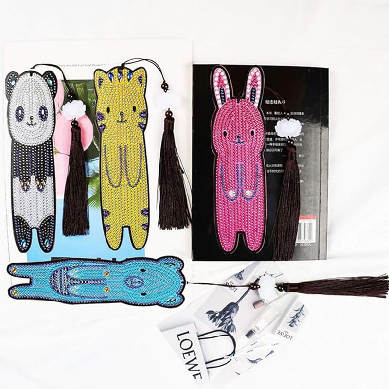 4Pcs Panda, Bear, Cat and Rabbit Leather Bookmark Diamond Painting Kits