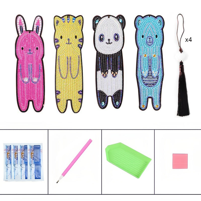 4Pcs Panda, Bear, Cat and Rabbit Leather Bookmark Diamond Painting Kits