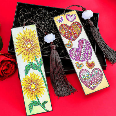 2Pcs Sunflower and Red Heart Leather Bookmark Diamond Painting Kits