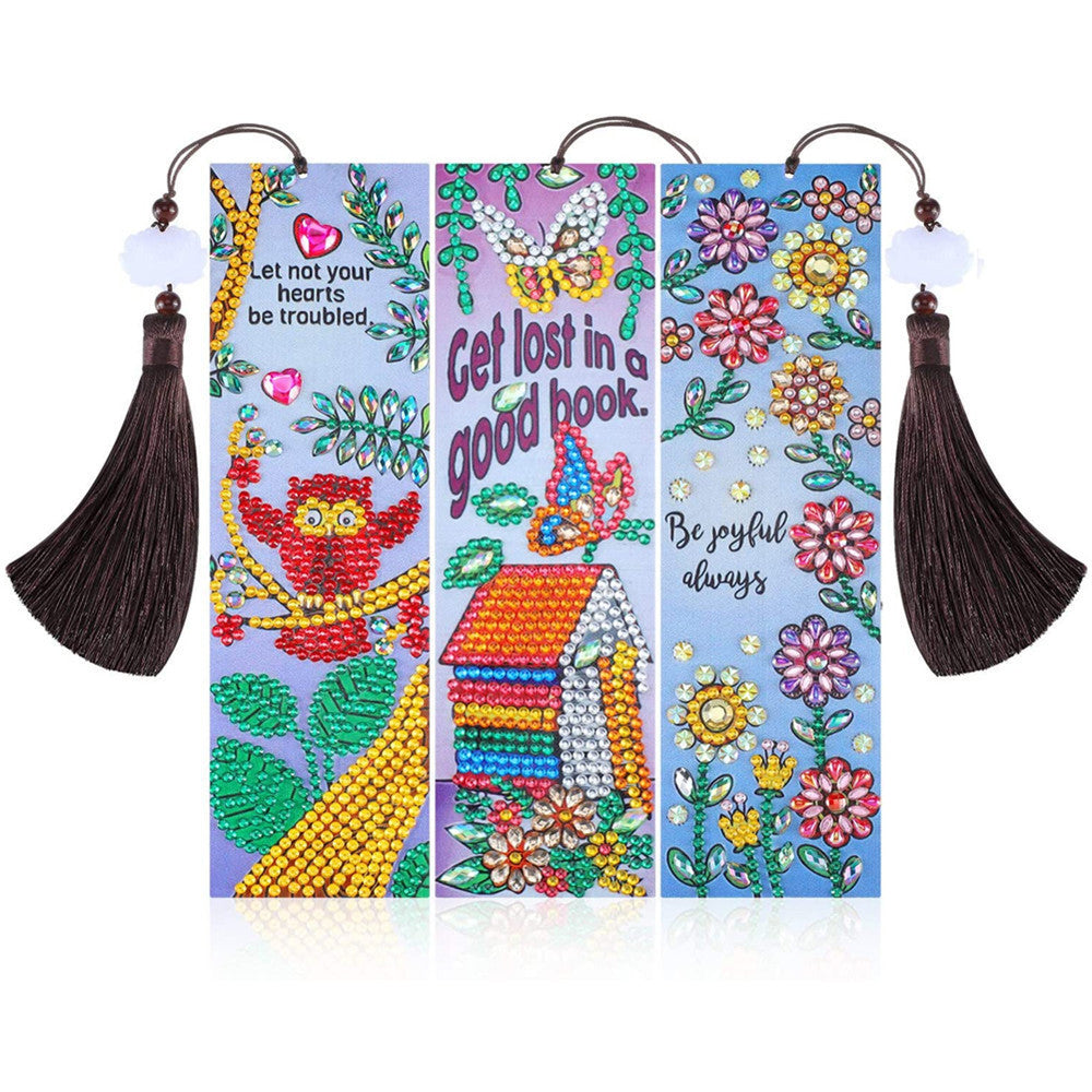 3Pcs Owl, Nest and Flowers Leather Bookmark Diamond Painting Kits