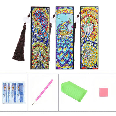 3Pcs Different Styles of Peacocks Leather Bookmark Diamond Painting Kits