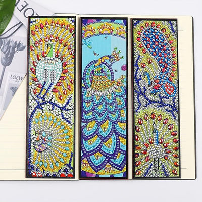 3Pcs Different Styles of Peacocks Leather Bookmark Diamond Painting Kits