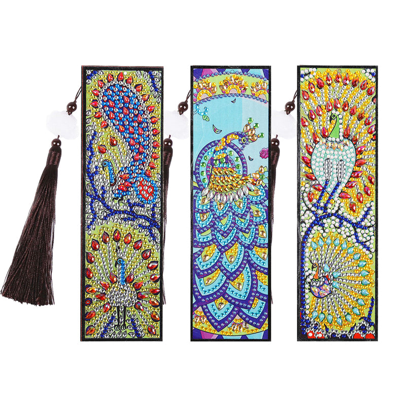 3Pcs Different Styles of Peacocks Leather Bookmark Diamond Painting Kits