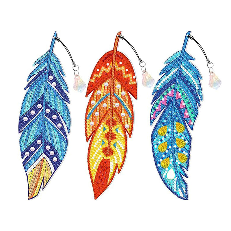 3Pcs Beautiful Feathers Acrylic Bookmark Diamond Painting Kits