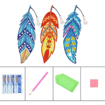 3Pcs Beautiful Feathers Acrylic Bookmark Diamond Painting Kits