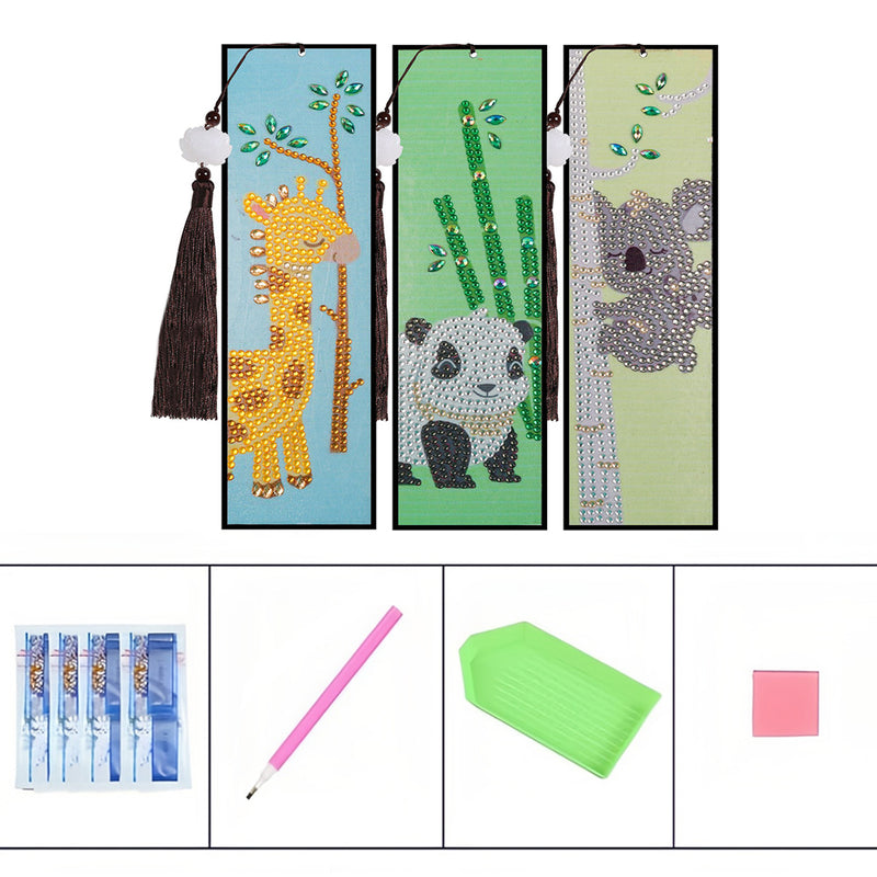 3Pcs Cartoon Giraffe, Panda and Koala Leather Bookmark Diamond Painting Kits