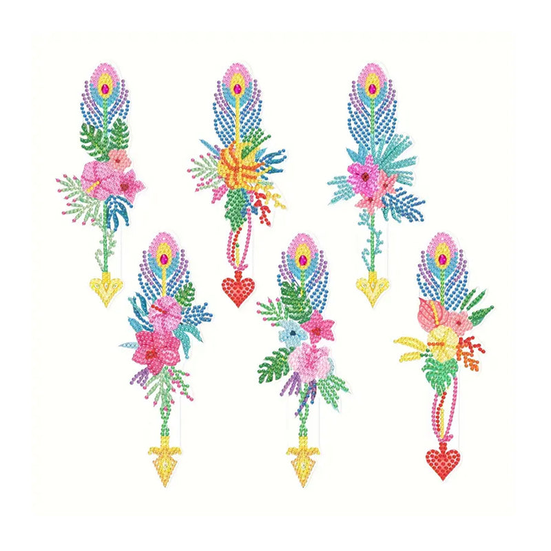 6Pcs Romantic Flowers Feather Acrylic Bookmark Diamond Painting Kits