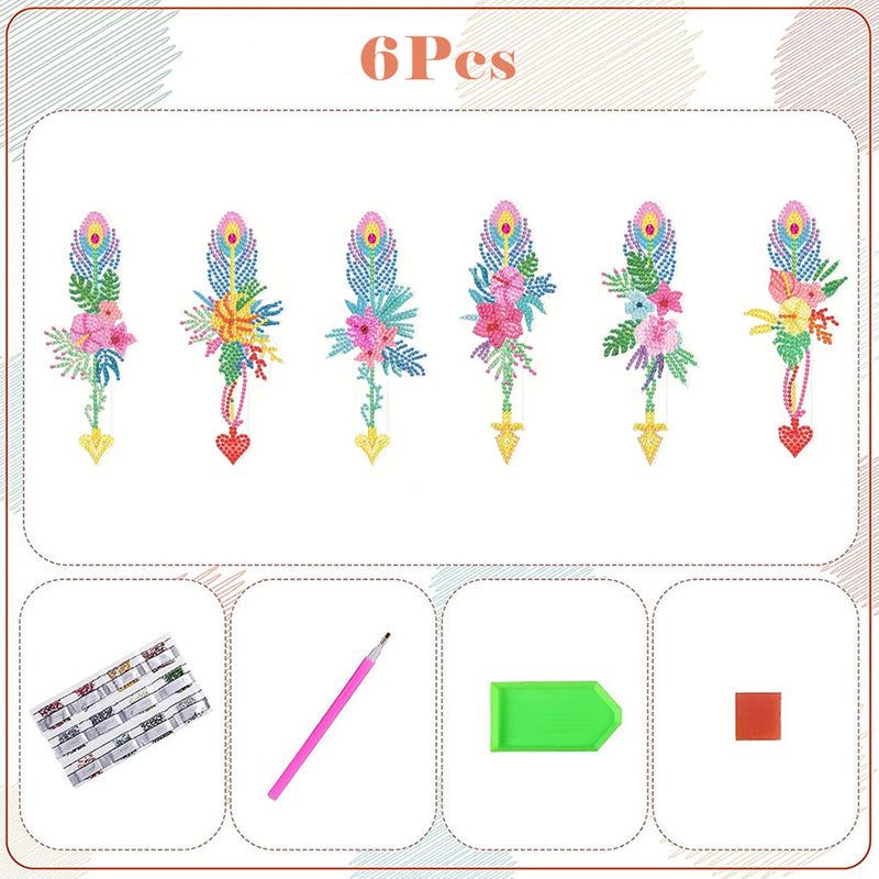 6Pcs Romantic Flowers Feather Acrylic Bookmark Diamond Painting Kits