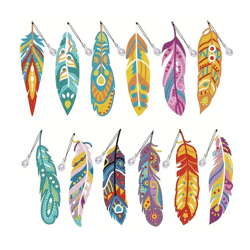 12Pcs Colorful Feathers Acrylic Bookmark Diamond Painting Kits