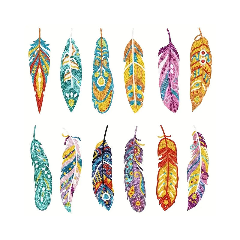 12Pcs Colorful Feathers Acrylic Bookmark Diamond Painting Kits