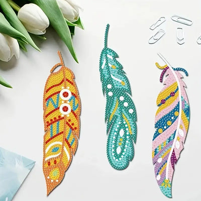 12Pcs Colorful Feathers Acrylic Bookmark Diamond Painting Kits