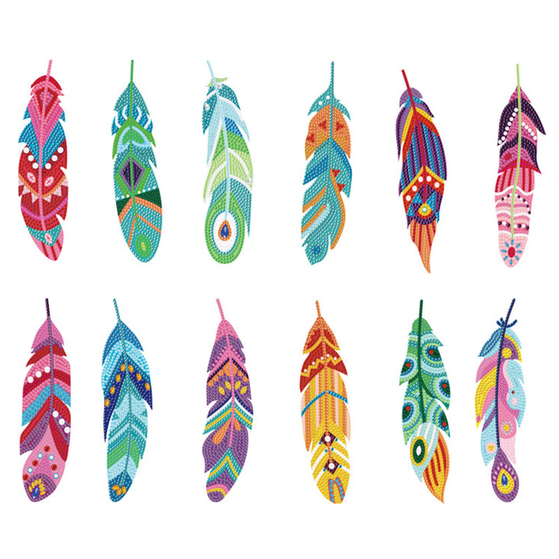 12Pcs Colorful Feathers Acrylic Bookmark Diamond Painting Kits