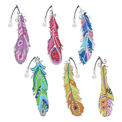 6Pcs Gorgeously Colored Feathers Acrylic Bookmark Diamond Painting Kits